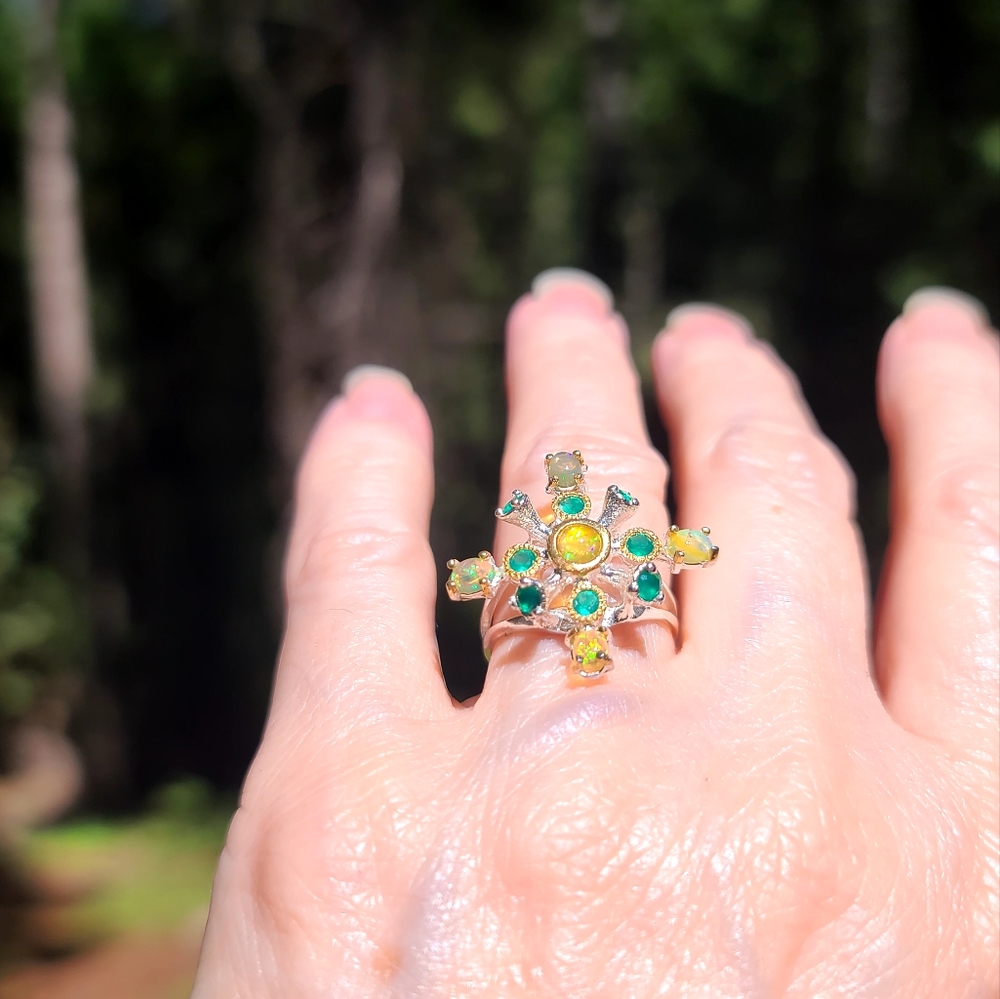 Fire Opal & Green Onyx sterling Queens Ring sz6.5 - Picture 6 of 8